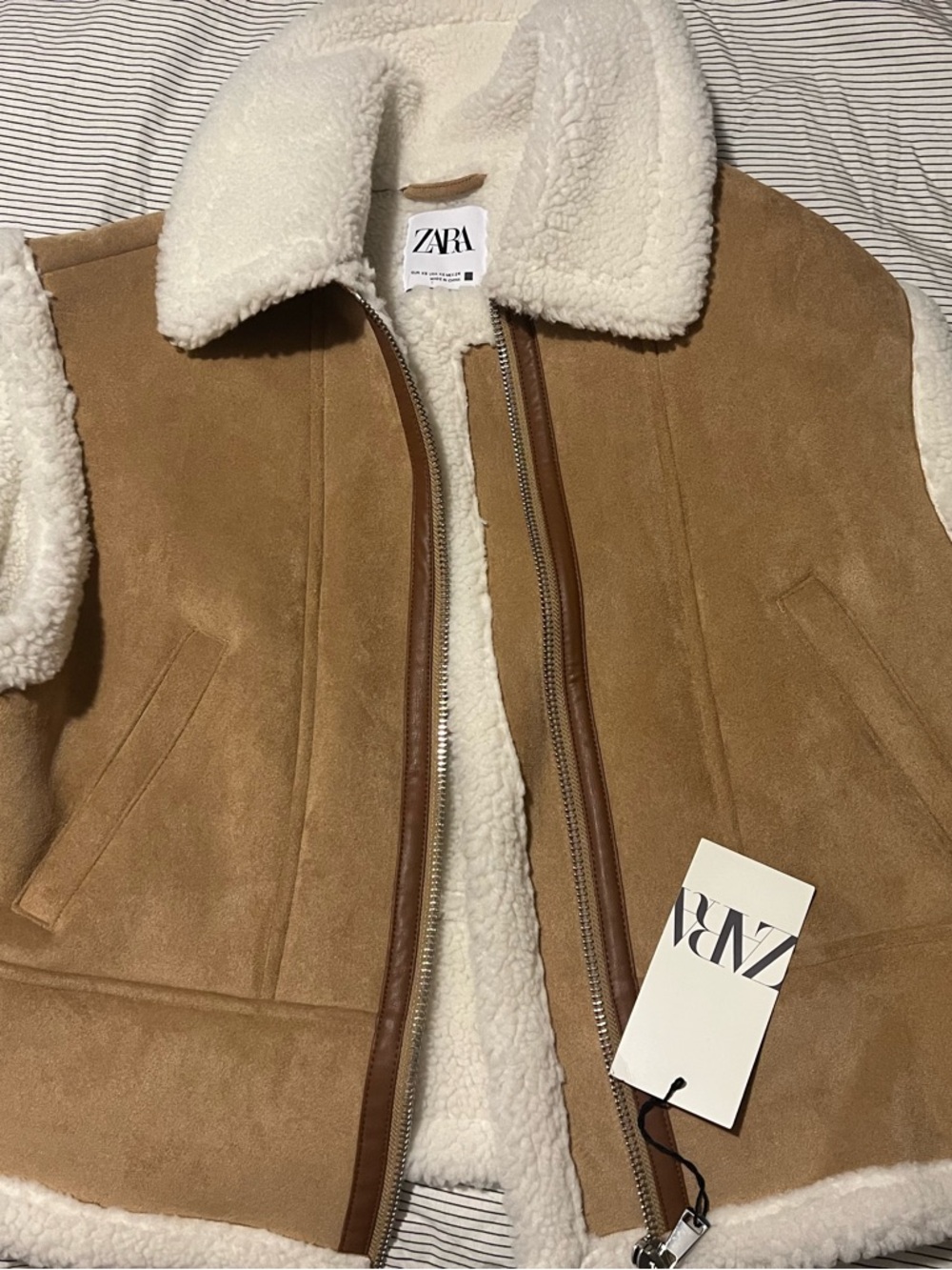 Zara Tan Faux-Suede Teddy Jacket with Cream Sherpa Lining